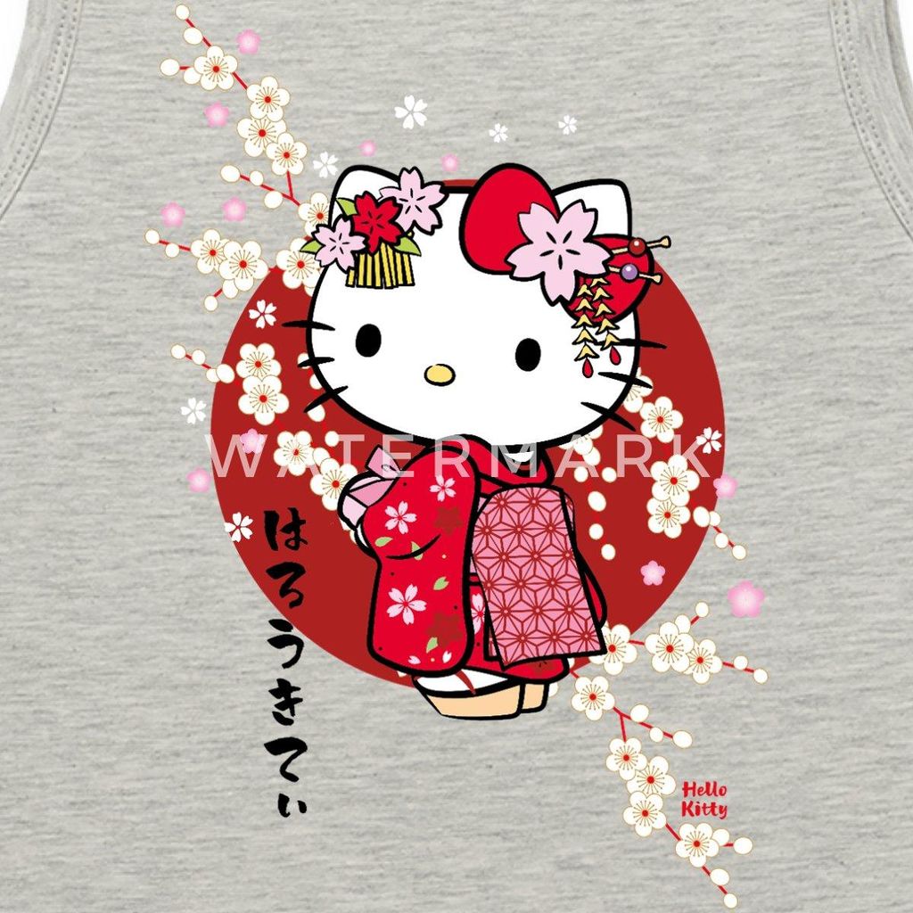 Spreadshirt Hello Kitty Japan Kimono Kirschblüten Cropped Frauen Organic Tank Top, XXL, Grau meliert