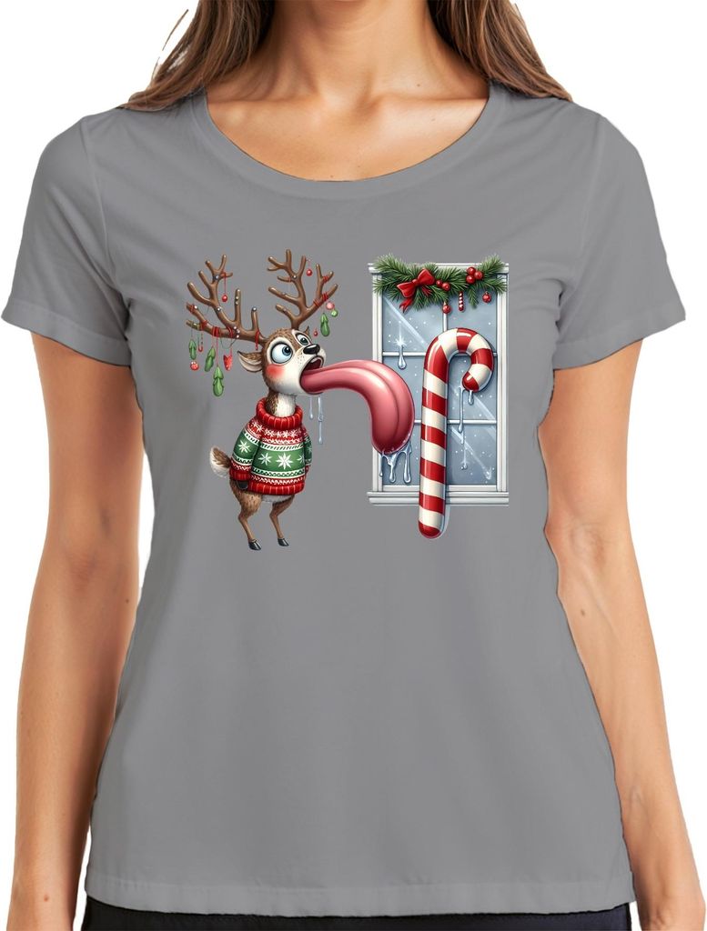 Weihnachtsrentier lange Zunge Zuckerstange lustig Eiszapfen ugly Damen T-Shirt, Grau, L