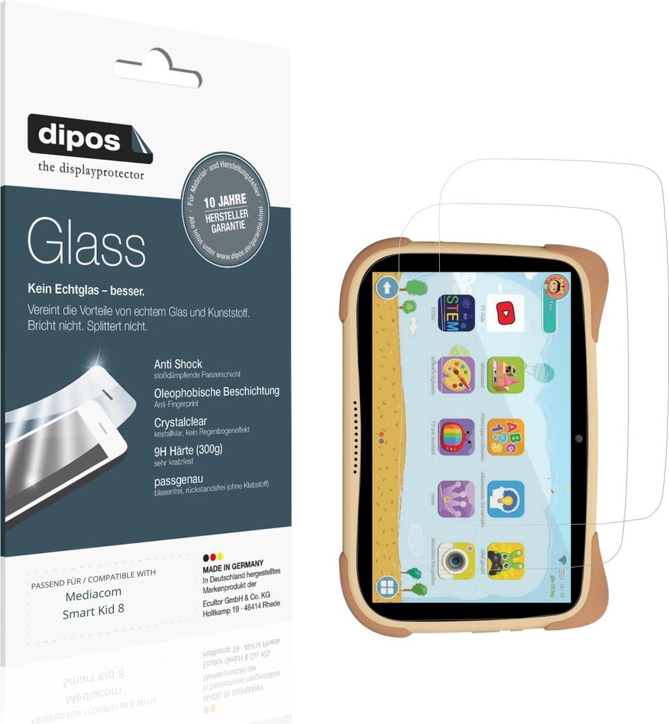 2x Schutzfolie für Mediacom Smart Kid 8 - Anti-Shock 9H Folie dipos Glass Kunststoffglas