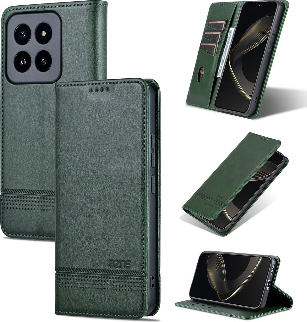 Leder Hülle für Xiaomi 14 Pro, Klapphüllen Brieftasche Magnetverschluss Ständer Schutzhülle Grün