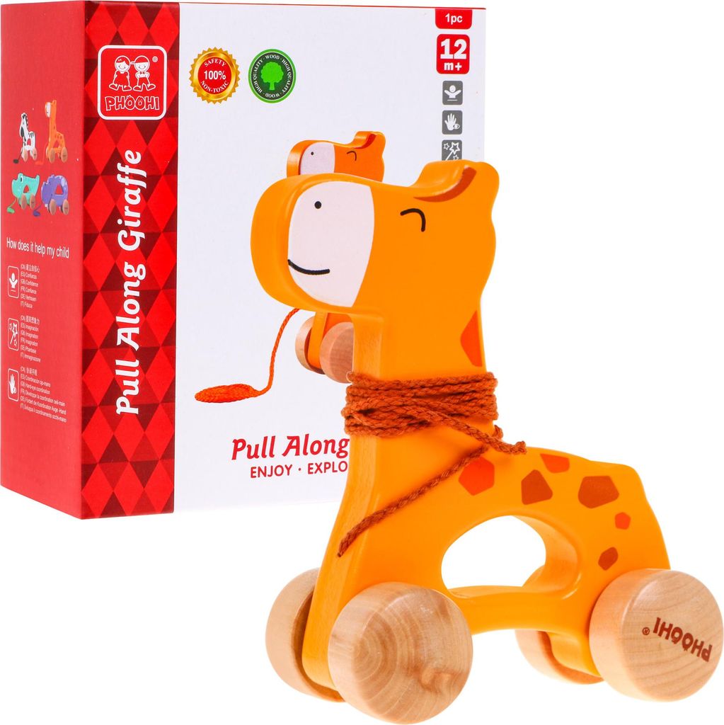 Mini-Aufsitz-Giraffe aus Holz an einer Schnur für Kinder ab 12 Monaten. Spielzeug auf Rädern