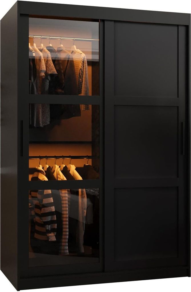 A black sliding door wardrobe with glass panels showing clothes inside.