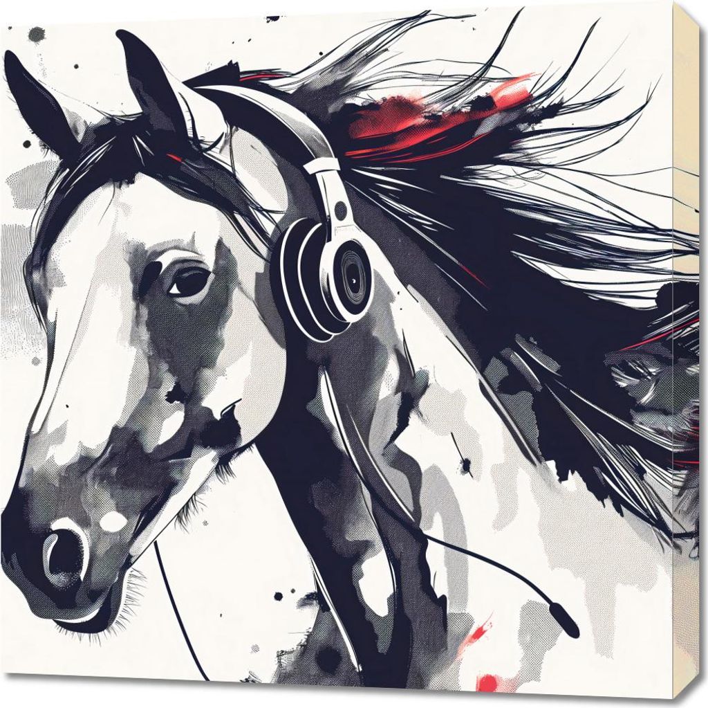 Bild 70x70cm Pferd auf Kopfhörern