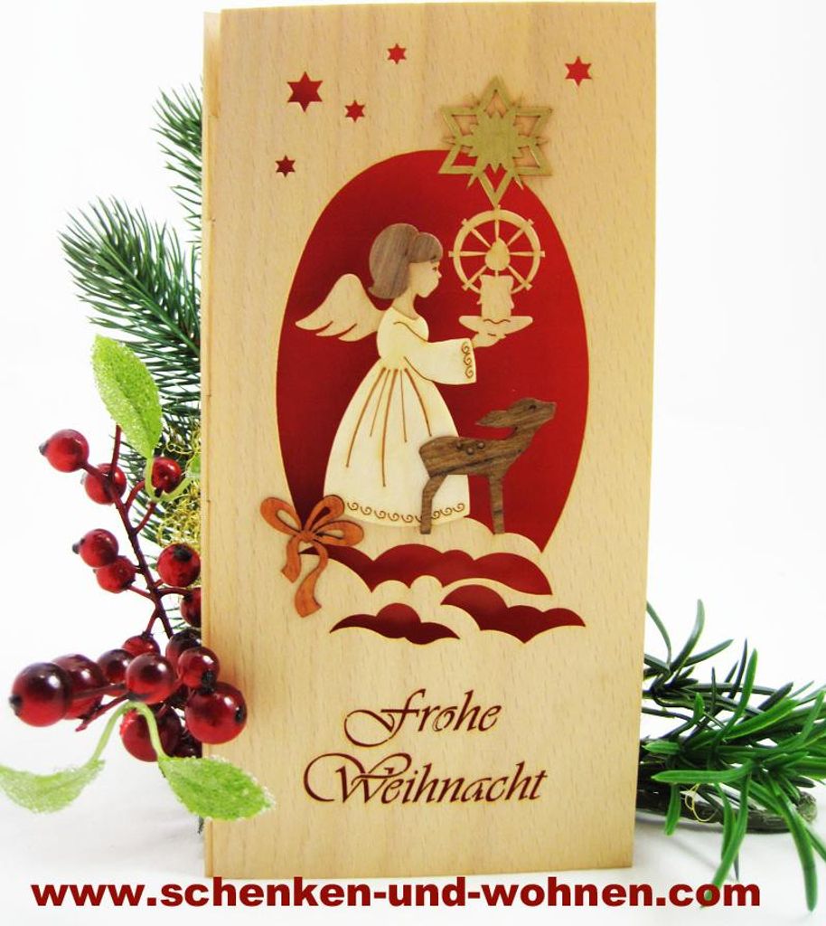 Weihnachtskarte Furnierholz Exclusiv Engel mit Reh
