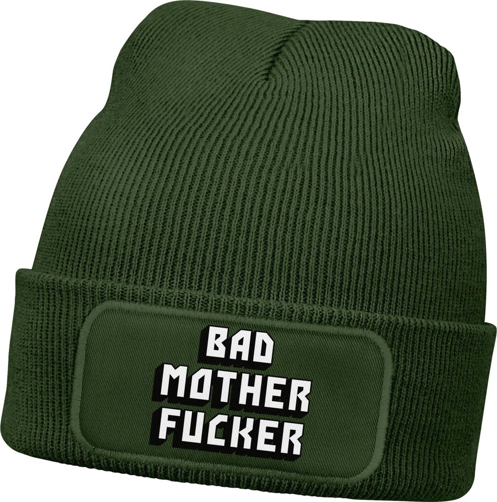 Herren Beanie mit Patch Strickmütze mit Design Spruch Bad Motherfucker Mütze Männergeschenke Lustig Moonworks