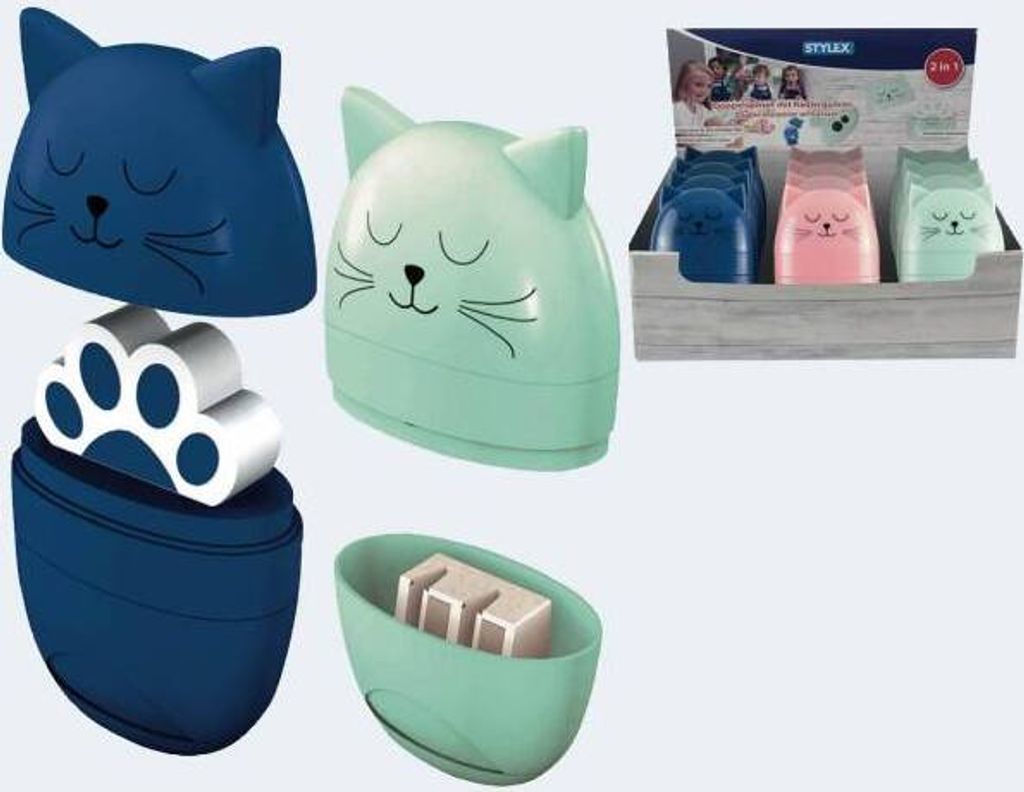 STYLEX Spitzer & Radiergummi - Katzendesign - farbig sortiert