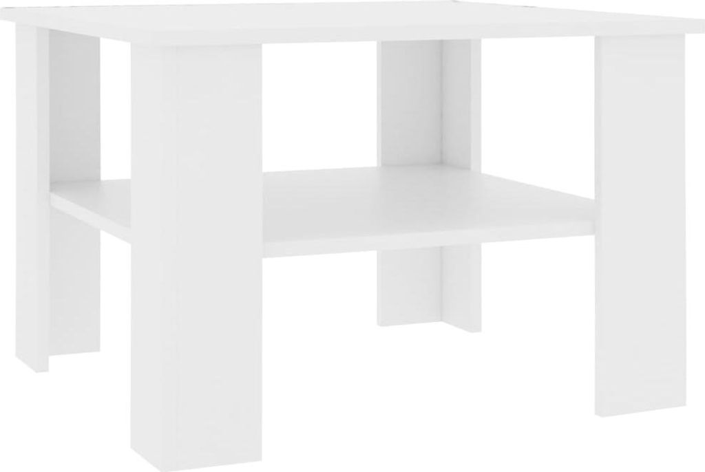 A white, modern coffee table with a shelf.