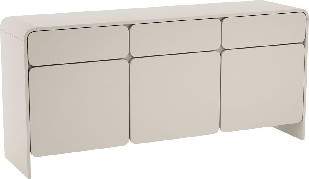 A neutral studio shot of a gray sideboard.