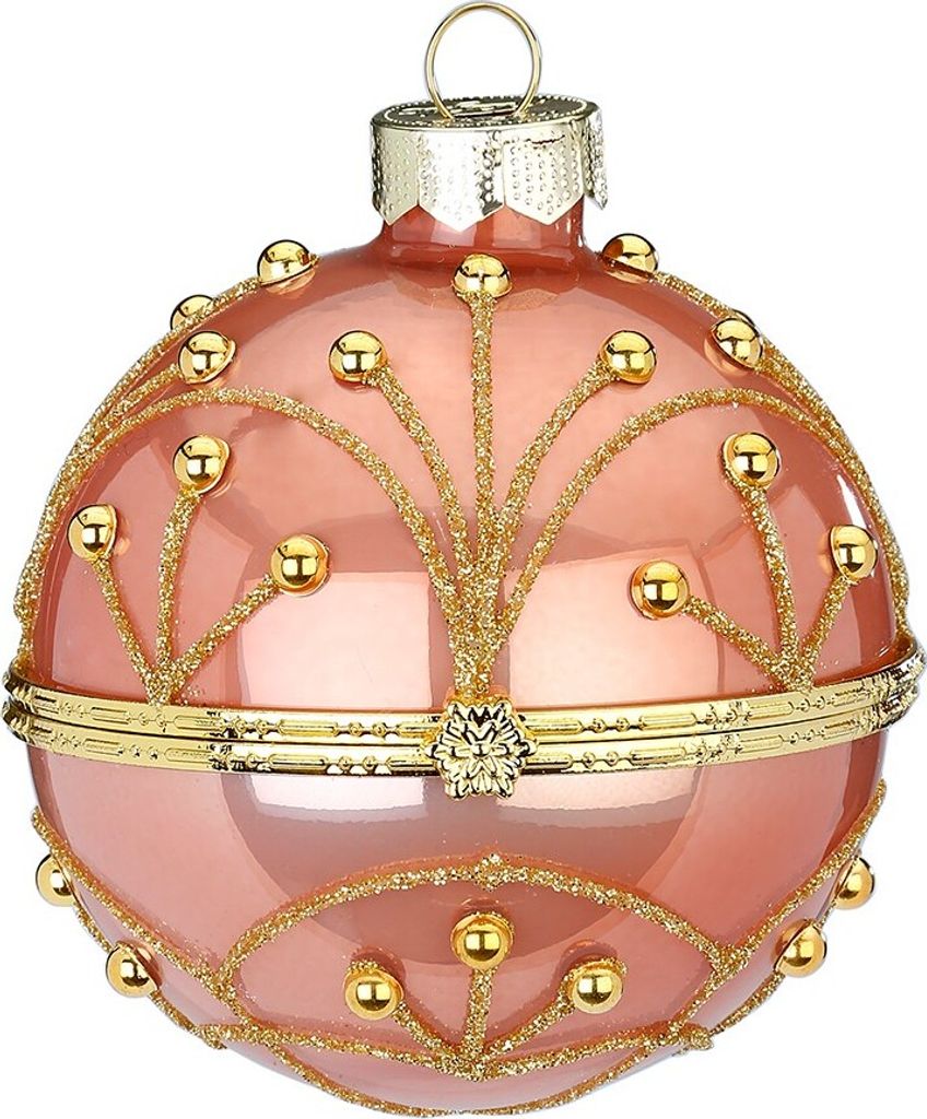 A single pink glass Christmas ornament with gold glitter and bead embellishments.