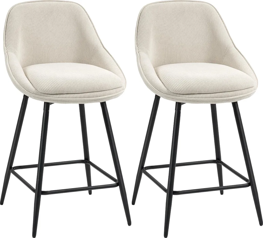 HOMCOM Lot de 2 Tabourets de Bar en Velours Côtelé Assise 65cm Crème