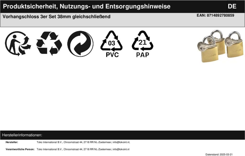 Work-it 3er Set Vorhangschloss gleichschließend 3 Schlösser Produktbild 3