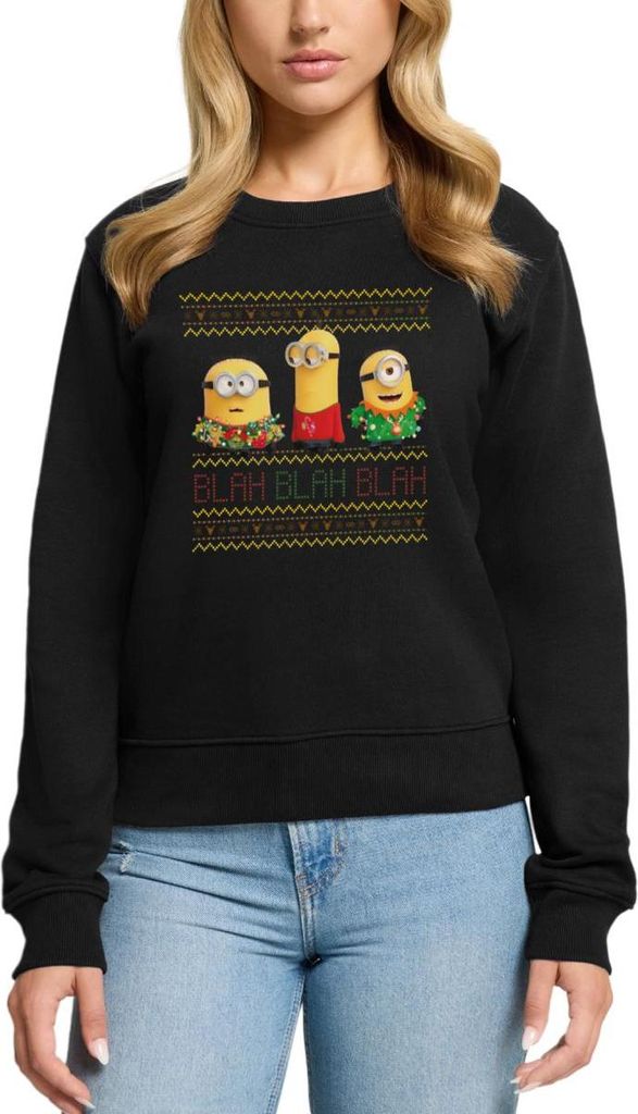 Spreadshirt Minions Ugly X-Mas Blah Ugly Christmas Weihnachten Damen Premium Pullover, S, Schwarz