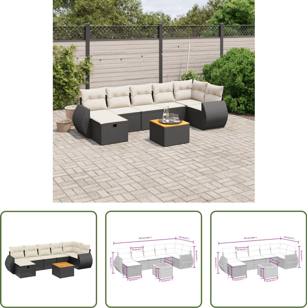 The Living Store 8-tlg. Garten-Sofagarnitur mit Kissen Schwarz Poly Rattan