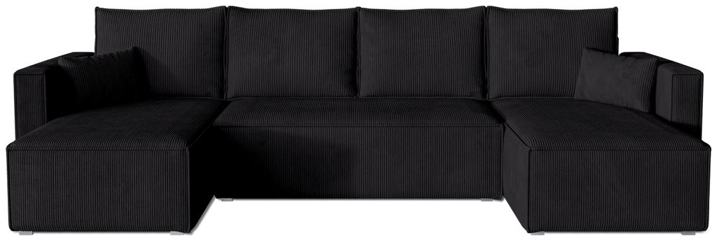 A black U-shaped sectional sofa is shown against a white background.