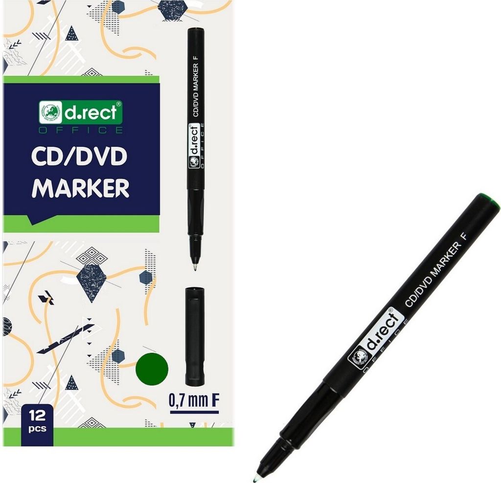 D.RECT - CD/DVD Marker Stift | Set 12 Stück | 0.7 mm | Permanentstift | Ideal für Glas, Kunststoff und Folie| Sehr Universell | Grün