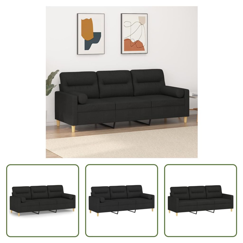 The Living Store 3-Sitzer-Sofa mit Zierkissen Schwarz 180 cm Stoff