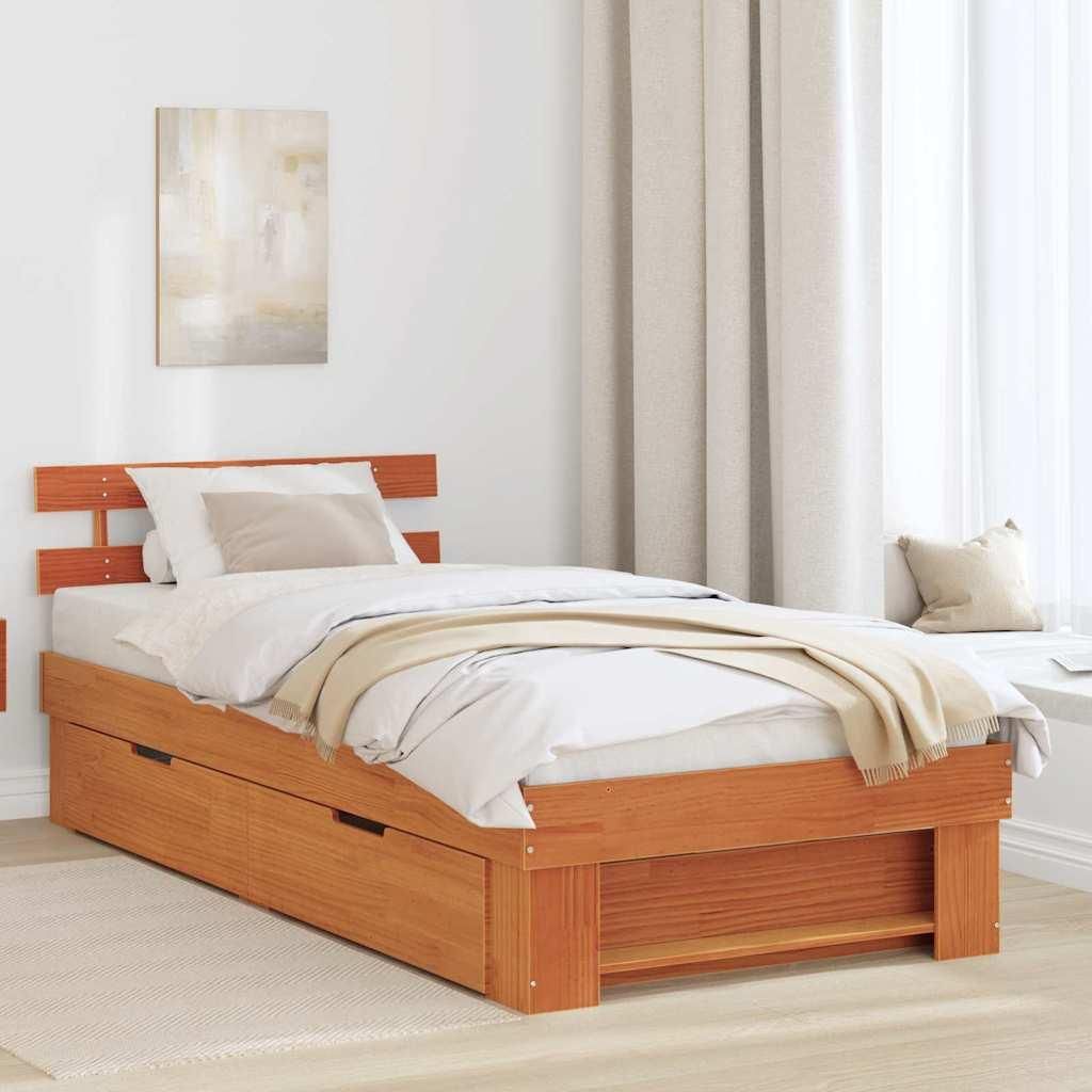 Möbel Bettgestell mit Schubladen mit Kopfteil mit Speicher Wachsbraun 90 x 190 cm Massivkiefer - Klassische Betten 872550