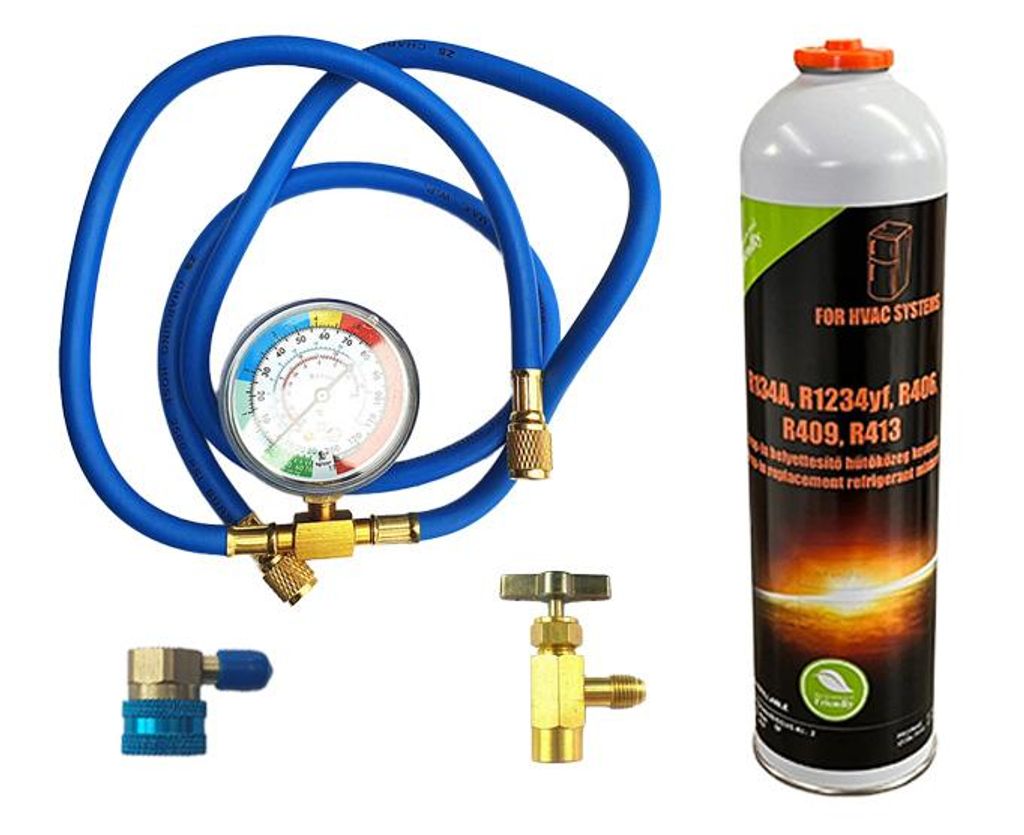 Set R12 Ersatzkältemittel 370g (entspricht 1100g R12) + Entnahmeventil + Füllschlauch mit Manometer + Adapter für Autoklima