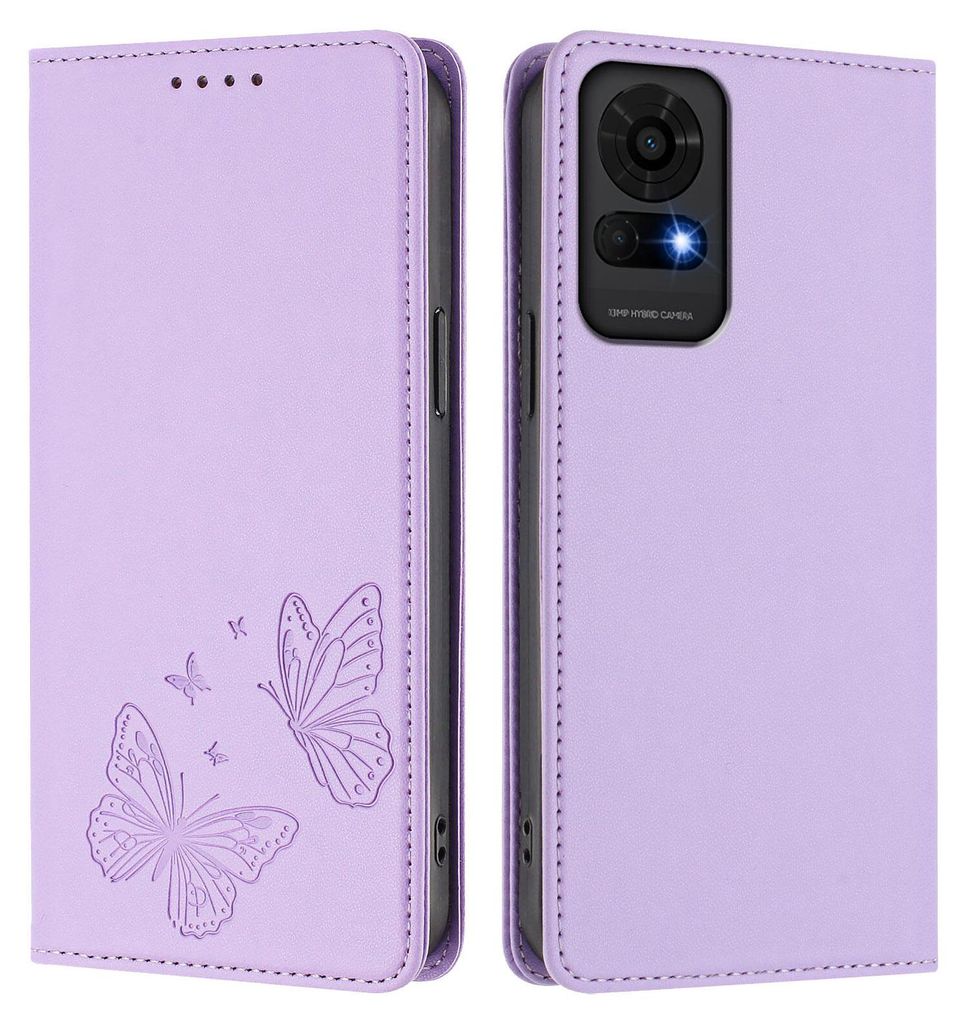 Lederhülle für TCL 50 LE, Schmetterling Prägung Leder Brieftasche Schutzhülle mit Ständer Violett