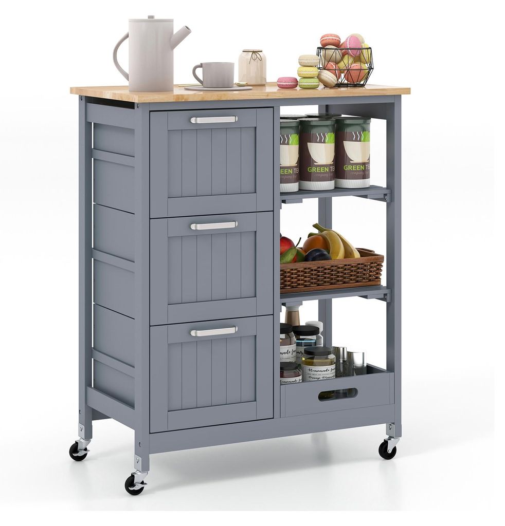 A grey kitchen cart with a wooden top, drawers, and shelves, filled with various kitchen items.