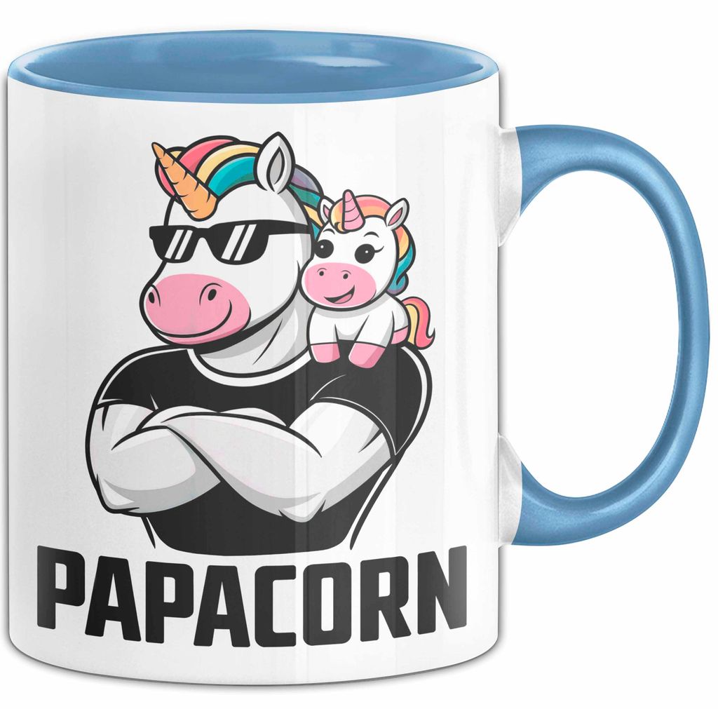 Papa Vatertag Tasse Becher Geschenk Lustige Geschenkidee Spruch Papacorn Einhorn (Blau)