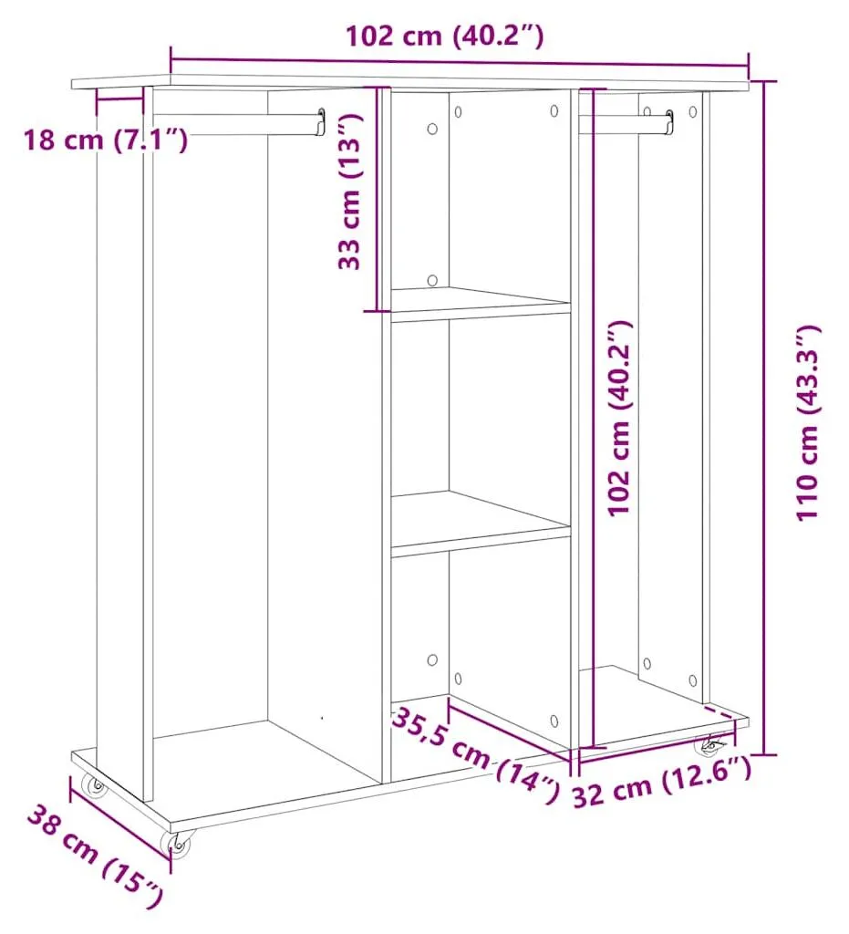 Portant à vêtements noir robuste 102 cm avec roulettes multidirectionnelles