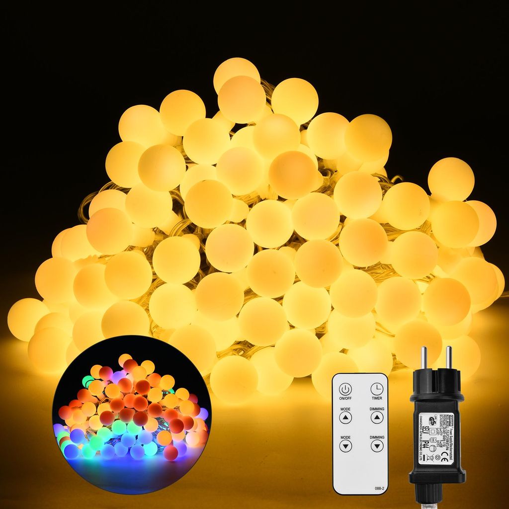 20M 150 LEDs Kugel Lichterkette, 31V, IP44, 10 Modi, Fernbedienung, Bunten Lichtkugeln Weihnachten Garten Party Deko, Warmweiß, Bunt, Lichterketten