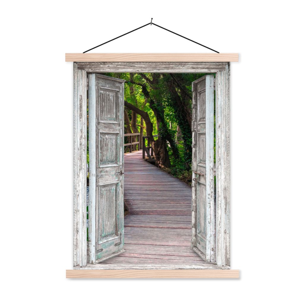 MuchoWow Textilposter Brücke - Wald - Aussicht 120x160 cm mit holzfarbenen Rahmen - Plakatkarton