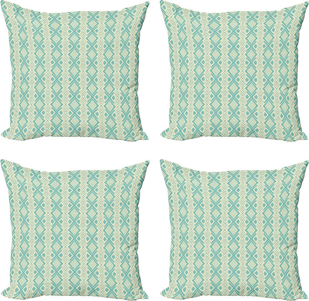 ABAKUHAUS Ethnisch Kissenbezug Set (4 Stück), Rautenmuster, Moderner Doppelseitiger Digitaldruck, 50 cm x 50 cm, Creme und Hellblau