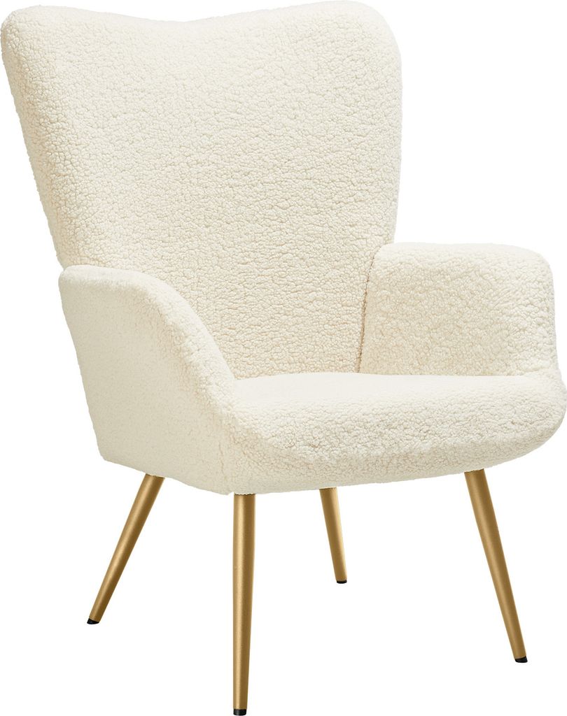 A cream-colored armchair with golden legs, photographed against a white background.