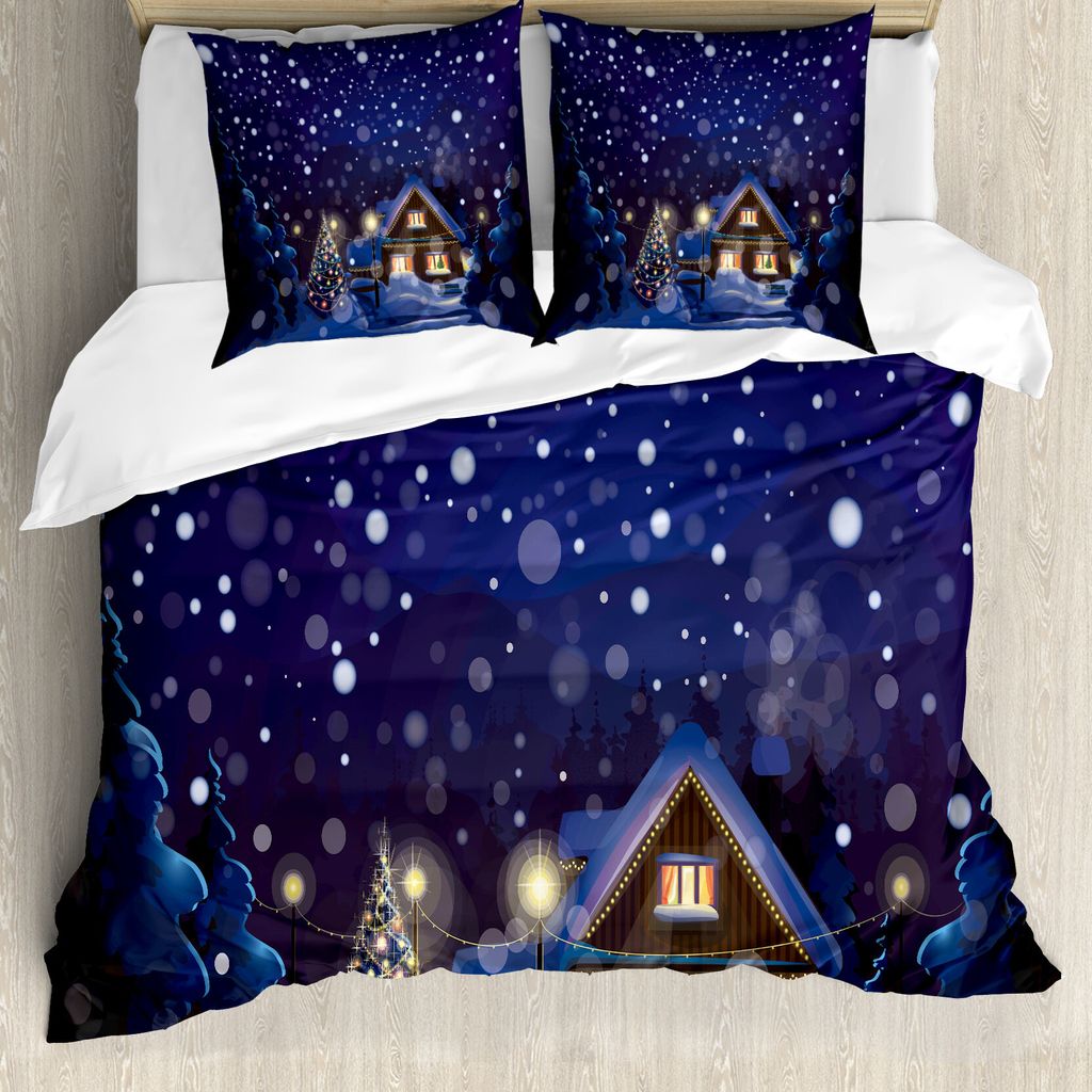 ABAKUHAUS Weihnachten Bettbezugs Set Für Doppelbetten, Bokeh Schnee Winter, Milbensicher Allergiker geeignet mit Kissenbezügen, Marineblau und Me...