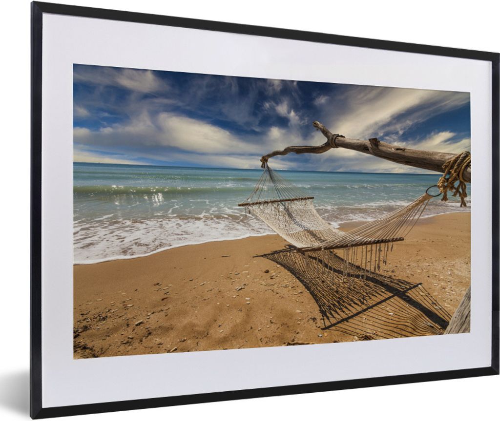 MuchoWow Gerahmtes Poster Strand - Meer - Hängematte 60x40 cm - Poster mit Schwarzem Bilderrahmen Wandposter Rahmen Foto Bilder - Schlafzimmer -...