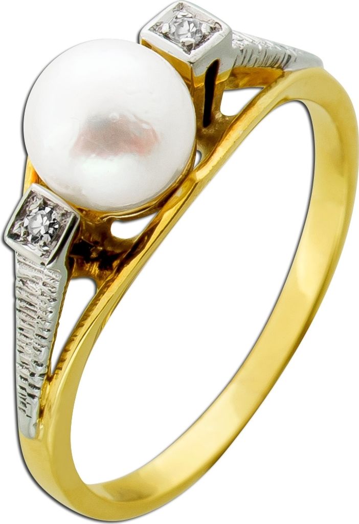 Perlenring Gold 585 Weißgold 14K Akoyaperle Diamanten Antikschmuck 17