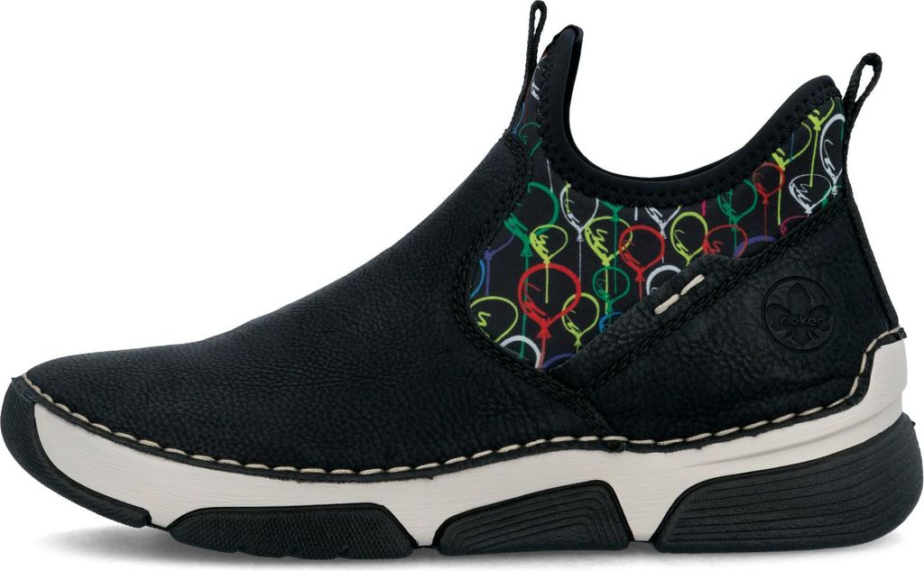 A side view of a black women's boot with a colorful balloon pattern on the side.