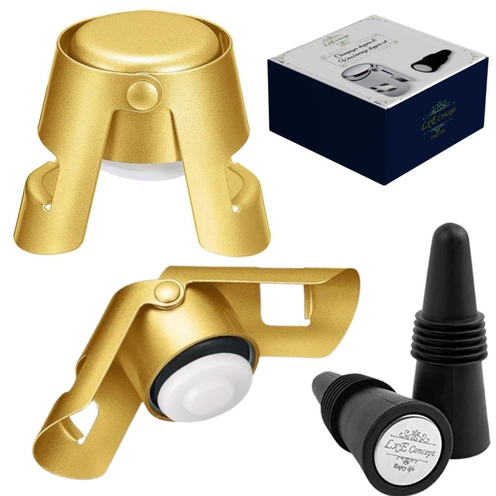 LXE CONCEPT Korkenset, 2 x goldene Champagnerflaschenkorken, 2 x Weinflaschenkorken, BPA-frei
