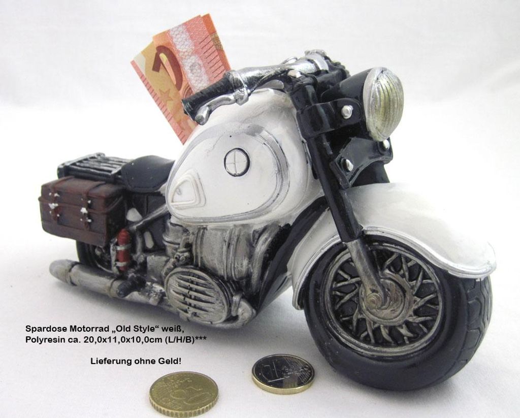 Poly - Spardose Motorrad "Old Style" schwarz oder weiß ca. 20,0x11,0x10,0cm (L/H/B)