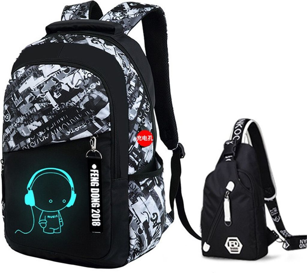 Oxford-gewebe Schulrucksack(Weiss+Schwarzbrusttasche)für Produktbild 