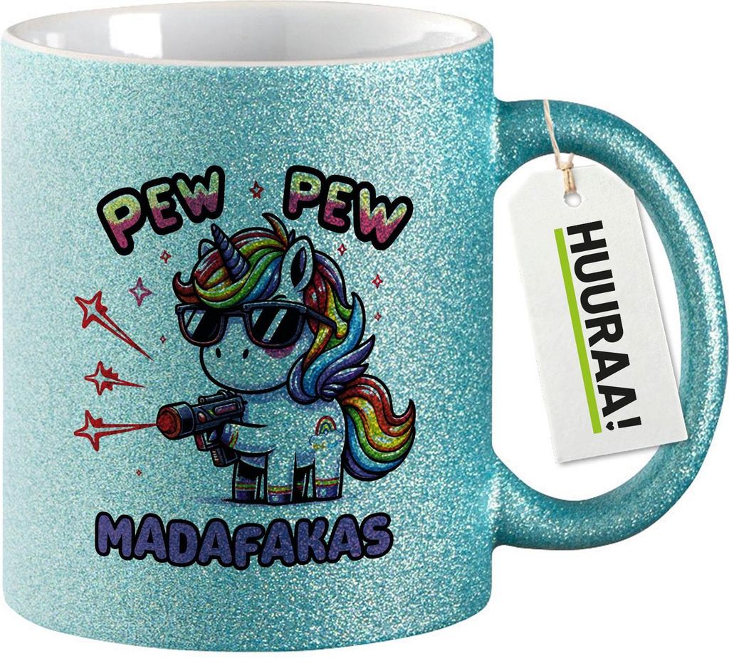 Huuraa Glitzertasse Pew Pew cooles Einhorn 330ml Blau Keramik Kaffeebecher Geschenkidee