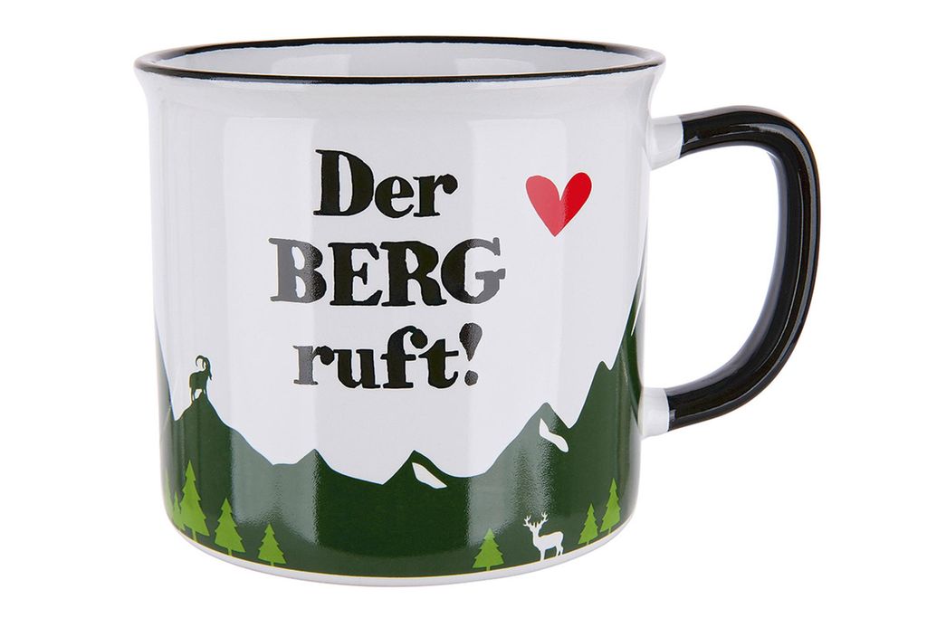 Gilde - 46907 - Kaffeebecher, Mit Spruch: Der Berg ruft!, Keramik, Emailledesign, 9,5cm x 8,5cm, 390ml