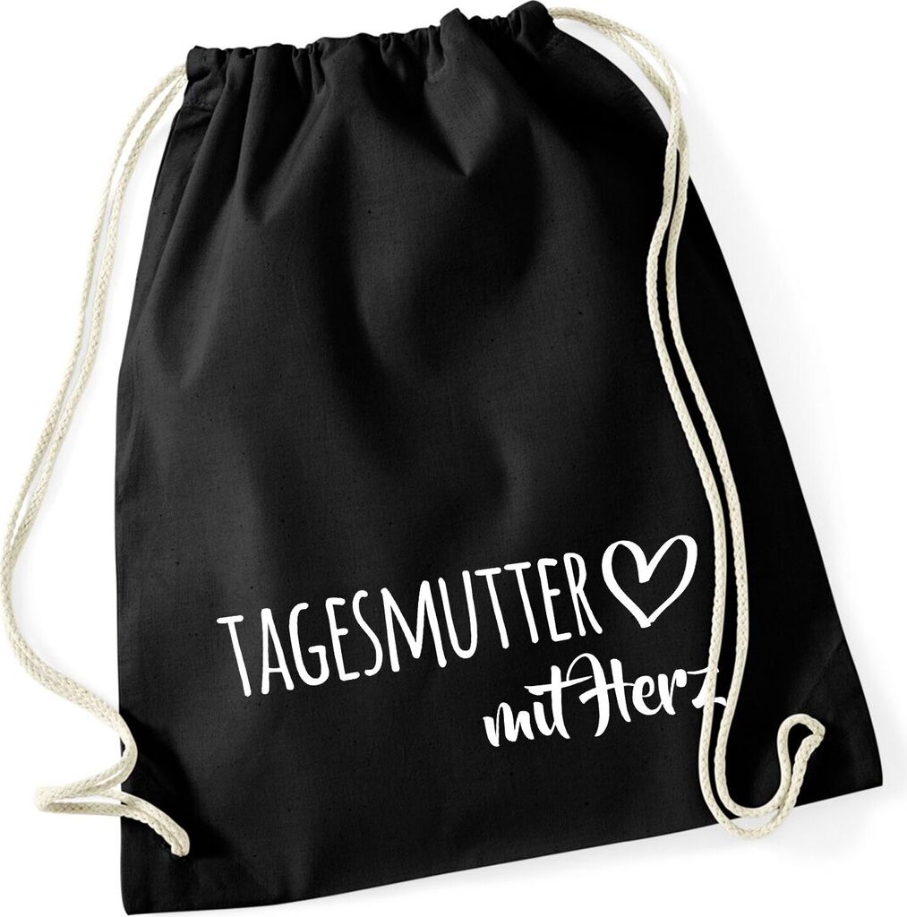 Huuraa Turnbeutel Tagesmutter mit Herz 12 Liter Black Baumwolle Rucksack Geschenkidee