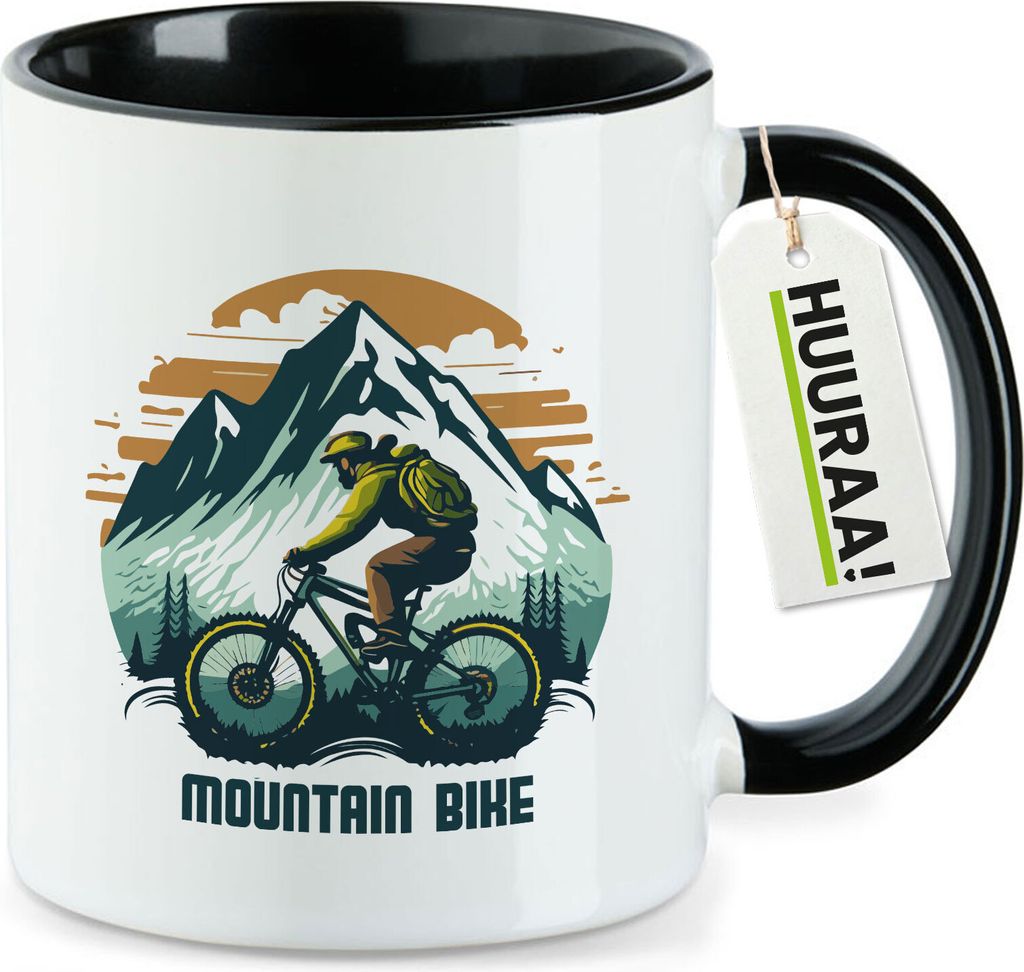 Huuraa Kaffeetasse Mountain Bike Berge 330ml Schwarz Keramik Kaffeebecher Geschenkidee