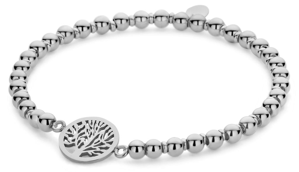 CO88 Kollektion 8CB-91258 Armband aus Stahlperlen mit Anhänger – dehnbar – Lebensbaum 12 mm – Perlen 4 mm – Stahl – silberfarben