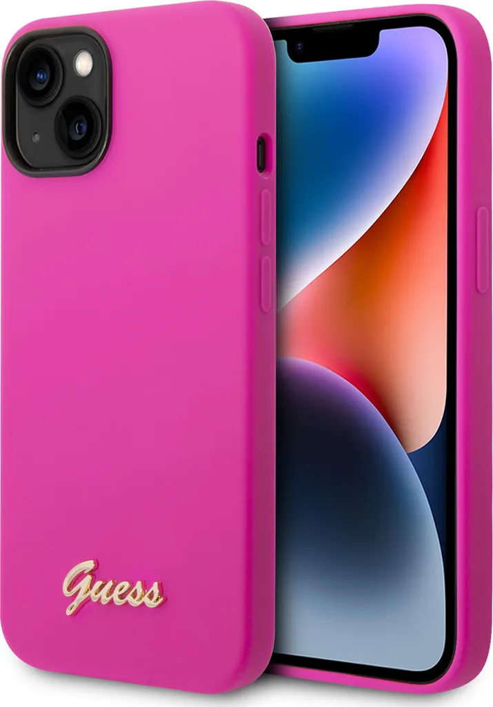 Guess Guhcp14Mslsmf Custodia rigida per Iphone 14 Plus/ 15 Plus 6.7 Fucsia/Fuschia in silicone Vintage Gold Logo