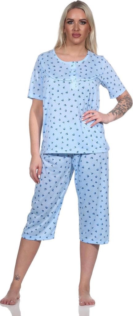 Damen Pyjama 3/4 Hose & Shirt mit Blumenmuster; Blau/L/40