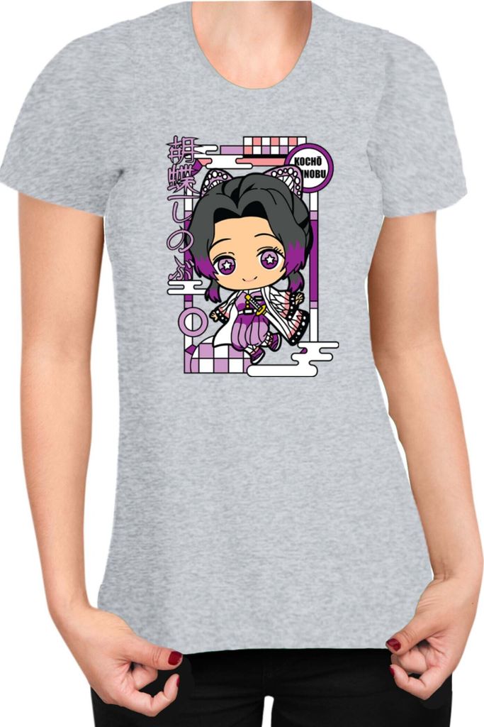 Damen T-Shirt Demon Anime Slayer Kimetsu No Yaiba Chibi Kocho Shinobu, Lady XS / Grau
