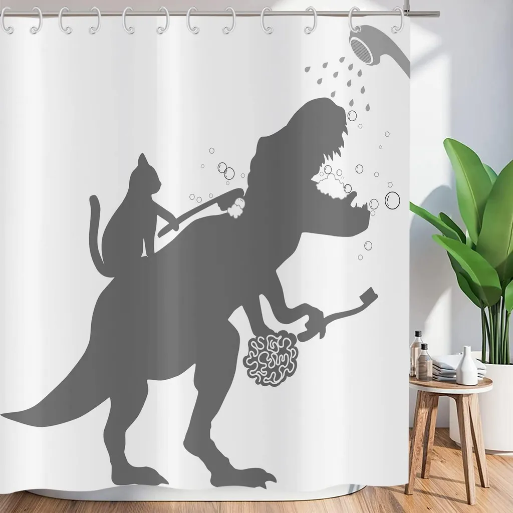 Grand rideau de douche anti-moisissure dinosaure et chat 180 x 200 cm