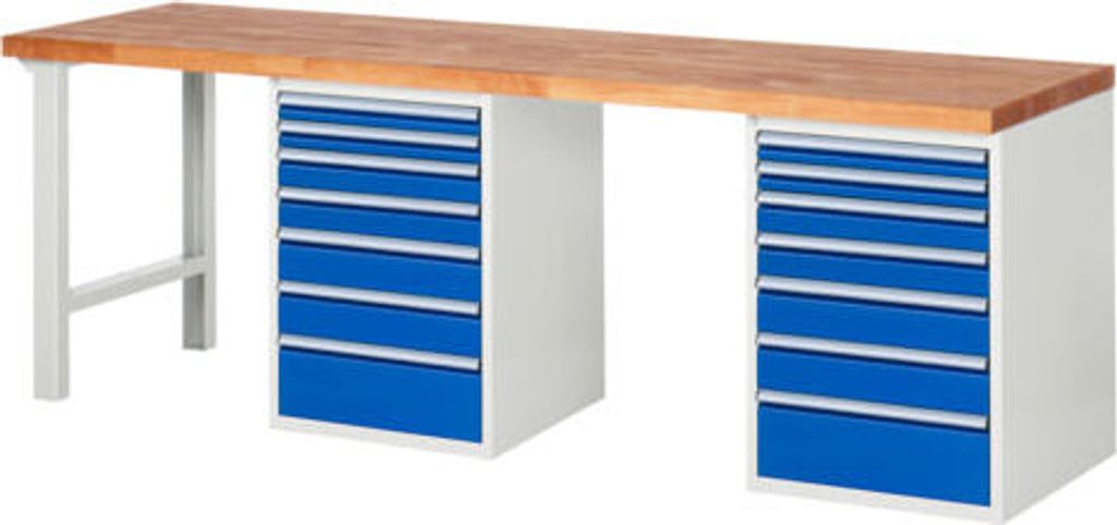 Werkbank mit 14 Schubladen - Vollauszug - 60:4 / 90:4 / 120:4 / 180:2 - 890 x 2.500 x 700 mm (HxBxT) - Traglast 1.000 kg - Buche