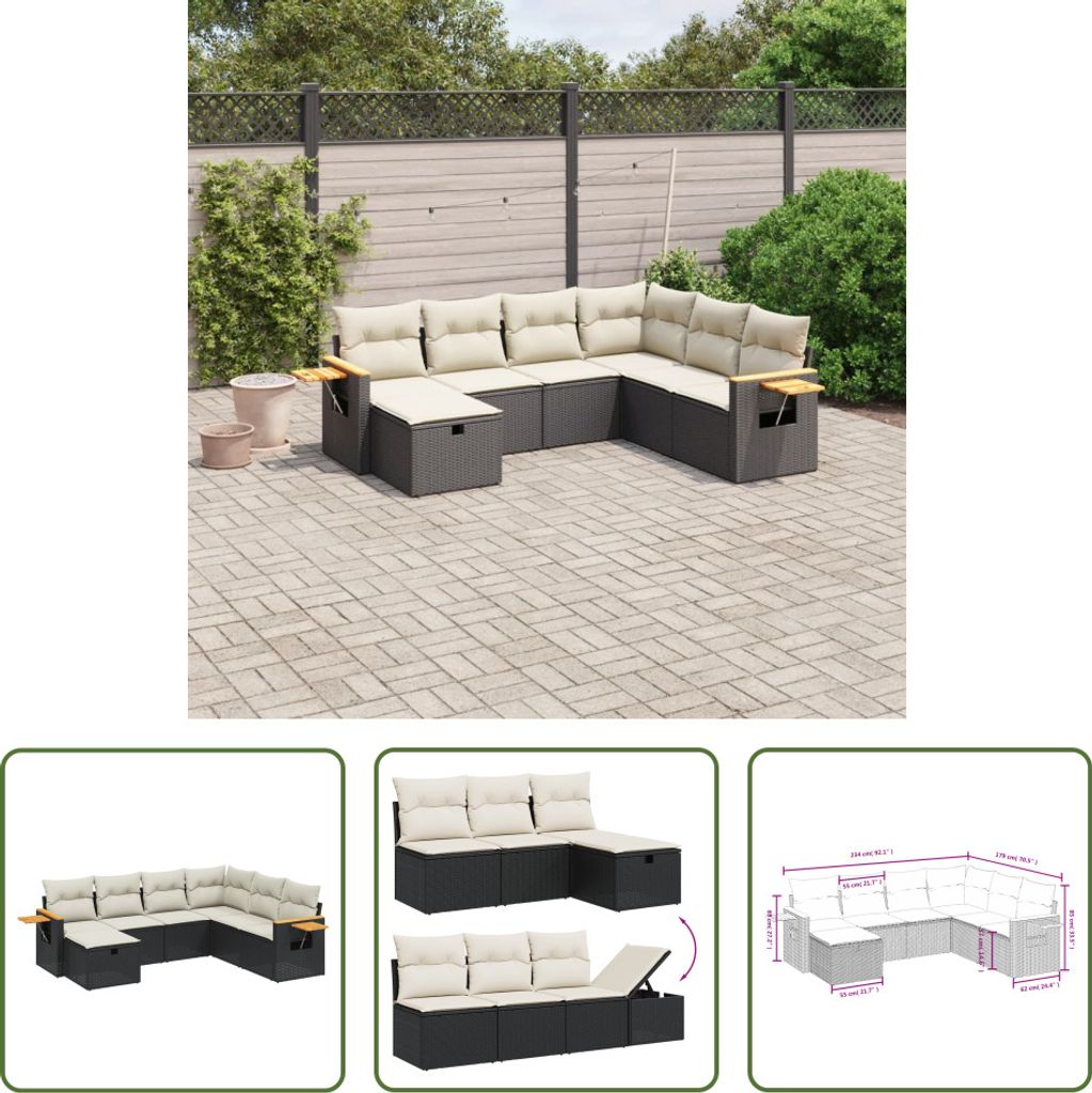 The Living Store 7-tlg. Garten-Sofagarnitur mit Kissen Schwarz Poly Rattan