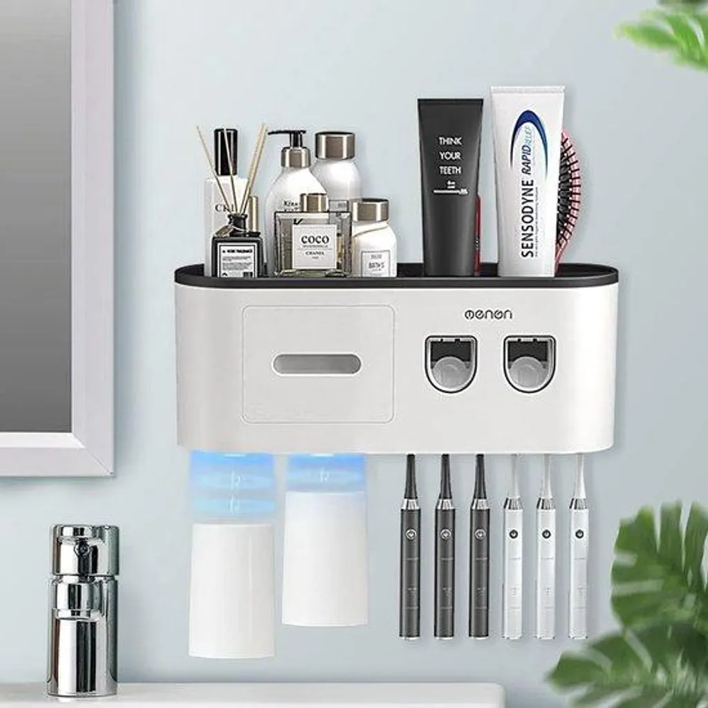 Porte-brosse à dents mural noir avec double distributeur de dentifrice
