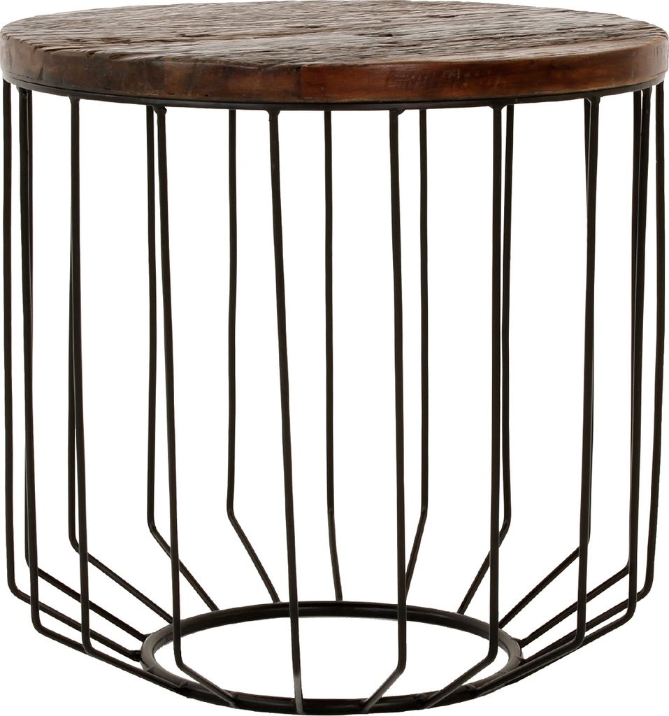 WOMO-DESIGN Massivholz Couchtisch rund Ø 50x50 cm, Natur, Unikat, handgefertigt aus Altholz, Metallgestell Metallkorb, Schwarz